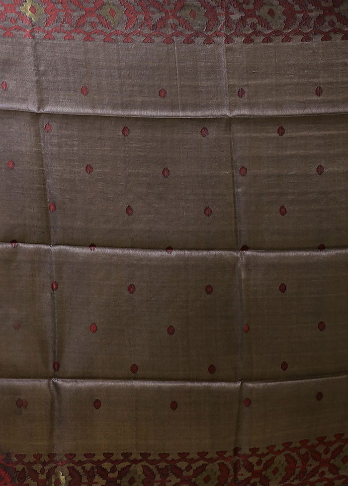 Grey Handloom Tussar Pure Silk Saree With Blouse Piece