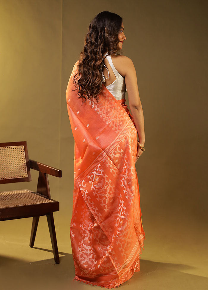 Orange Handloom Tussar Pure Silk Saree With Blouse Piece