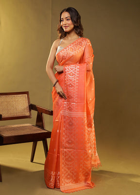 Orange Handloom Tussar Pure Silk Saree With Blouse Piece