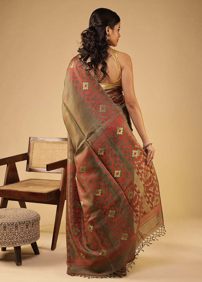 Green Handloom Tussar Pure Silk Saree With Blouse Piece