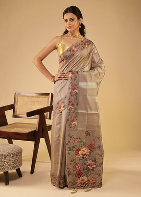 Grey Tussar Silk Saree With Blouse Piece