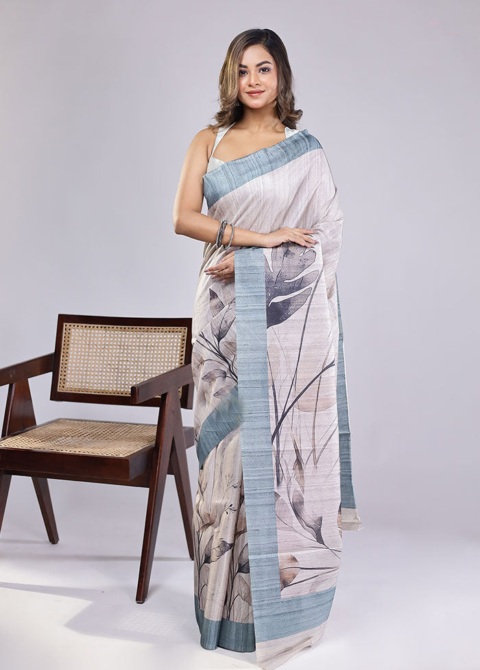 Cream Tussar Silk Saree With Blouse Piece
