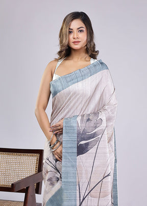 Cream Tussar Silk Saree With Blouse Piece