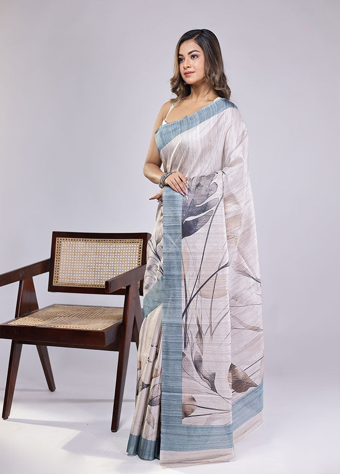 Cream Tussar Silk Saree With Blouse Piece
