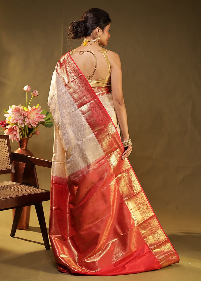 Cream Kanjivaram Silk Saree With Blouse Piece