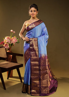 Blue Gadwal Silk Saree Without Blouse Piece