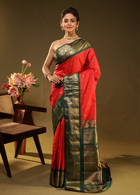Red Gadwal Silk Saree Without Blouse Piece