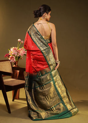 Red Gadwal Silk Saree Without Blouse Piece