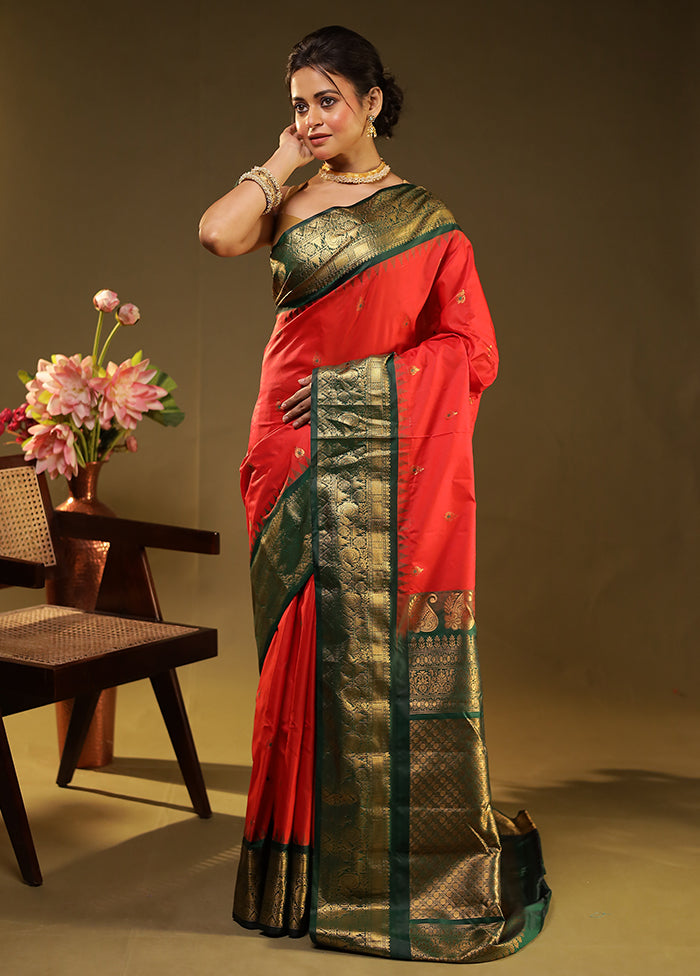 Red Gadwal Silk Saree Without Blouse Piece