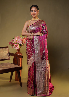 Maroon Handloom Banarasi Pure Silk Saree With Blouse Piece