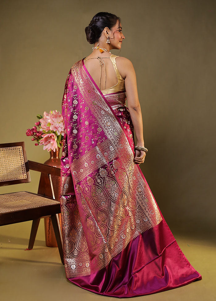Maroon Handloom Banarasi Pure Silk Saree With Blouse Piece
