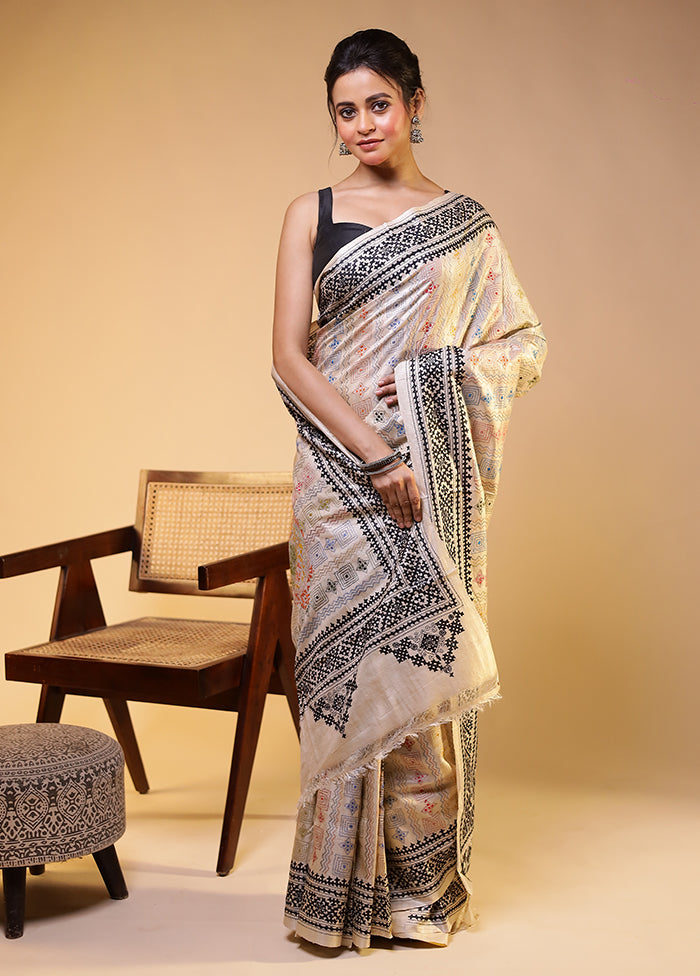 Cream Handloom Kantha Stitch Pure Silk Saree With Blouse Piece