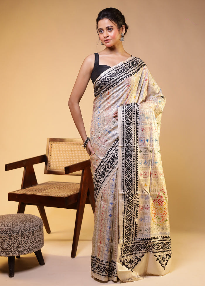 Cream Handloom Kantha Stitch Pure Silk Saree With Blouse Piece