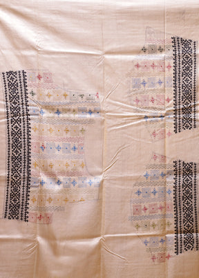 Cream Handloom Kantha Stitch Pure Silk Saree With Blouse Piece