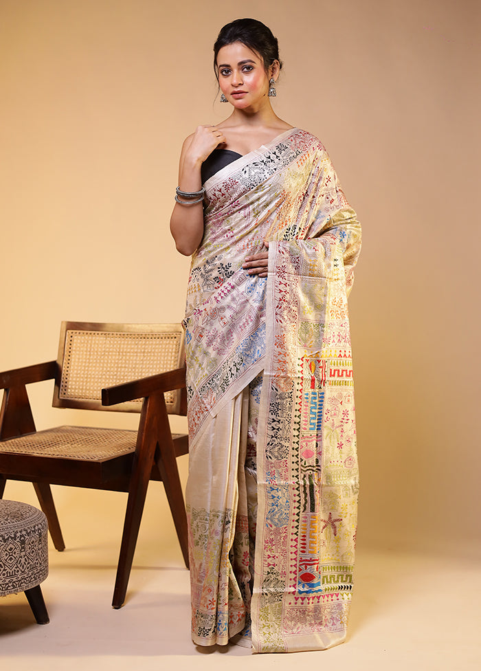 Cream Handloom Kantha Stitch Pure Silk Saree With Blouse Piece