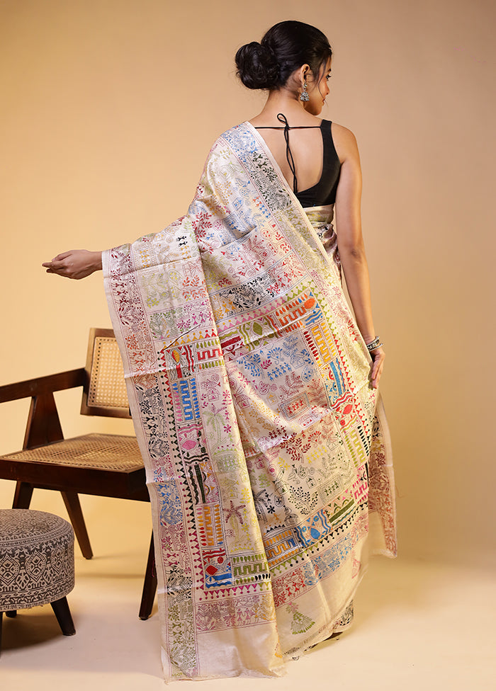Cream Handloom Kantha Stitch Pure Silk Saree With Blouse Piece