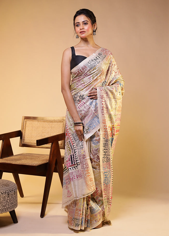 Cream Handloom Kantha Stitch Pure Silk Saree With Blouse Piece