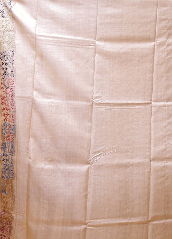 Cream Handloom Kantha Stitch Pure Silk Saree With Blouse Piece