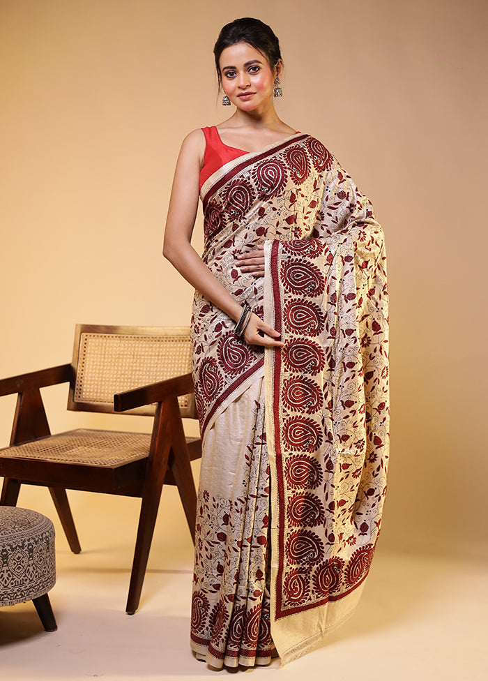 Cream Handloom Kantha Stitch Pure Silk Saree With Blouse Piece
