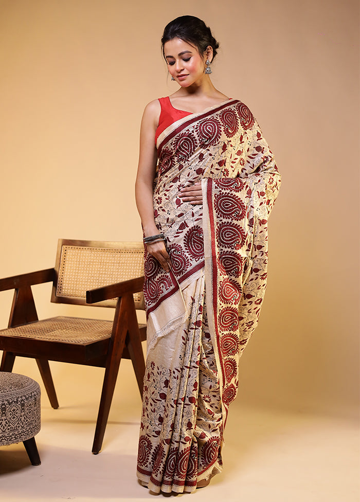 Cream Handloom Kantha Stitch Pure Silk Saree With Blouse Piece