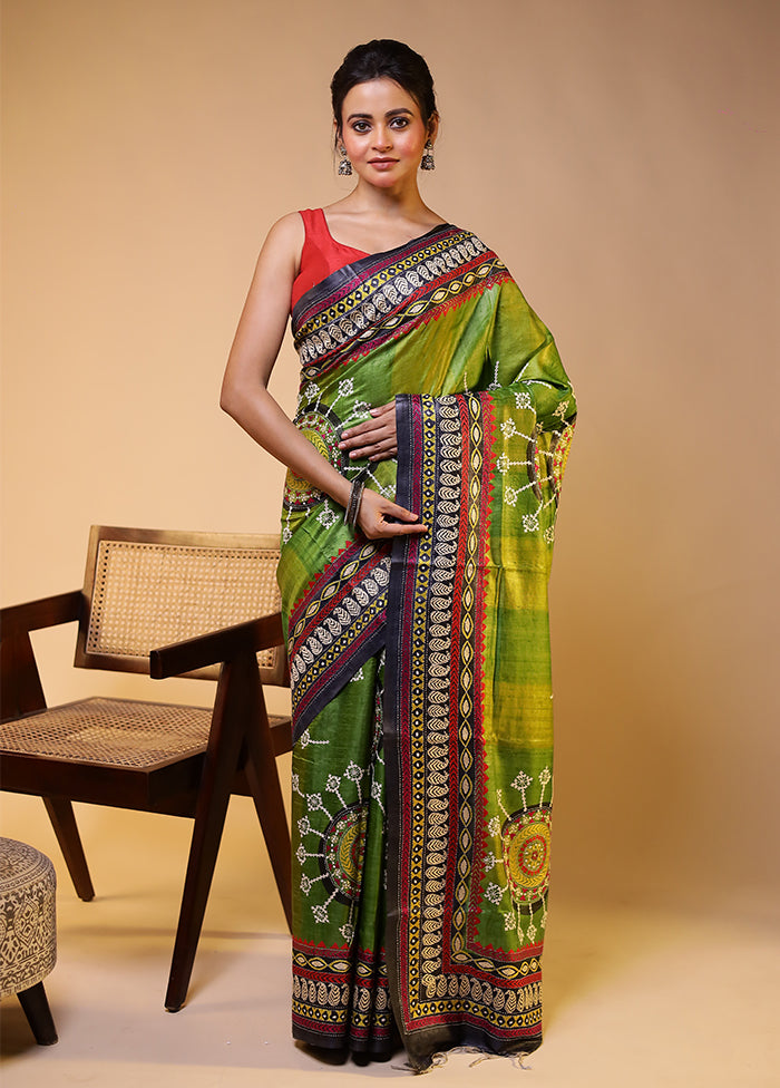 Green Handloom Kantha Stitch Pure Silk Saree With Blouse Piece