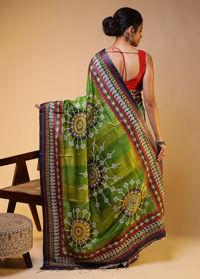 Green Handloom Kantha Stitch Pure Silk Saree With Blouse Piece