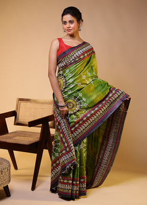 Green Handloom Kantha Stitch Pure Silk Saree With Blouse Piece