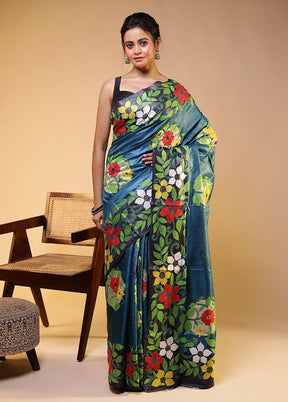 Multicolor Handloom Kantha Stitch Pure Silk Saree With Blouse Piece