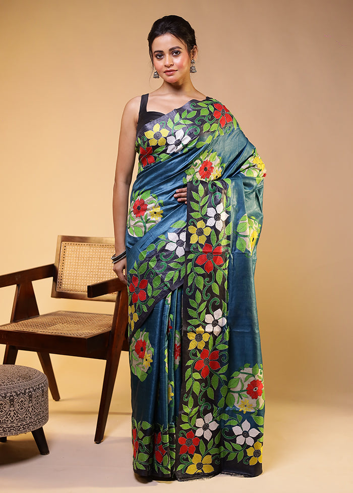 Blue Handloom Kantha Stitch Pure Silk Saree With Blouse Piece