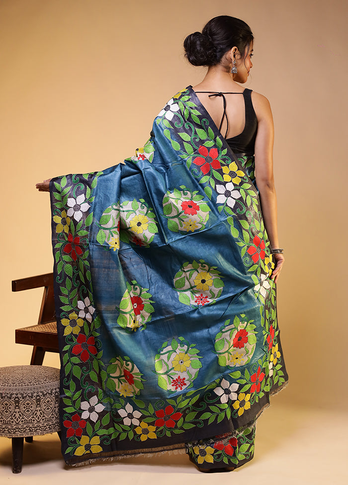 Blue Handloom Kantha Stitch Pure Silk Saree With Blouse Piece