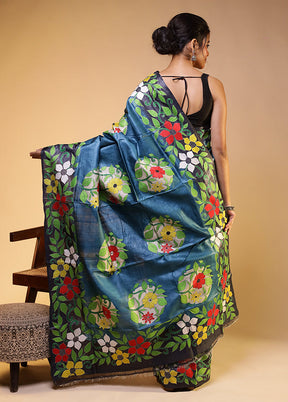 Multicolor Handloom Kantha Stitch Pure Silk Saree With Blouse Piece