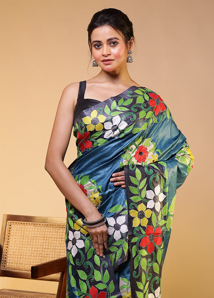 Blue Handloom Kantha Stitch Pure Silk Saree With Blouse Piece