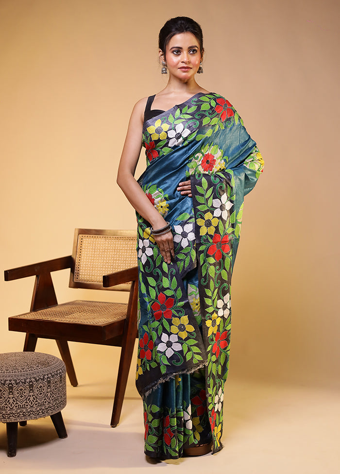 Blue Handloom Kantha Stitch Pure Silk Saree With Blouse Piece