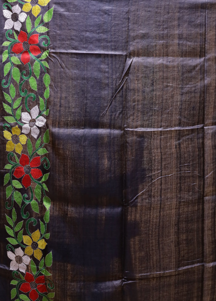 Blue Handloom Kantha Stitch Pure Silk Saree With Blouse Piece