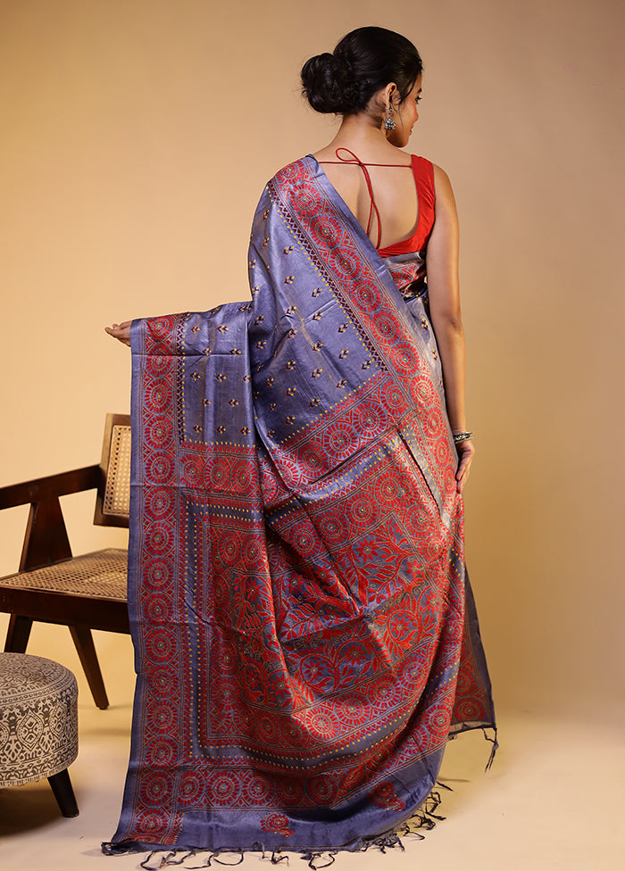 Blue Handloom Kantha Stitch Pure Silk Saree With Blouse Piece