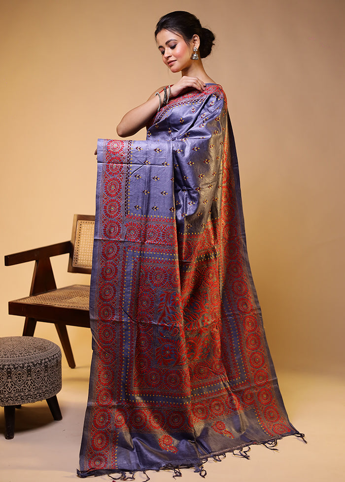 Blue Handloom Kantha Stitch Pure Silk Saree With Blouse Piece