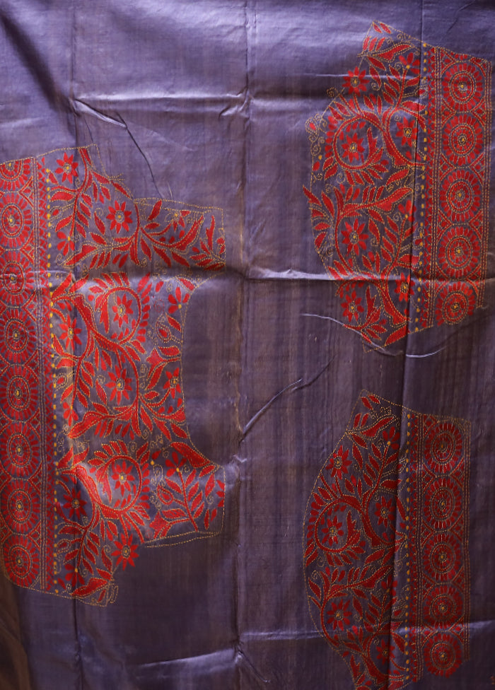 Blue Handloom Kantha Stitch Pure Silk Saree With Blouse Piece