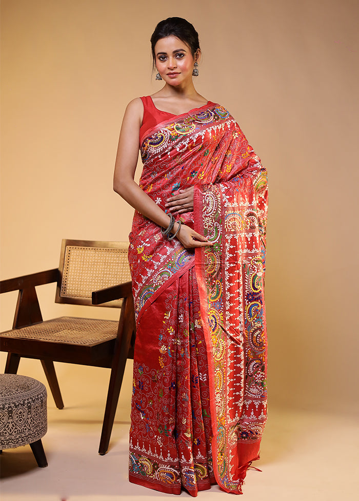 Pink Handloom Kantha Stitch Pure Silk Saree With Blouse Piece