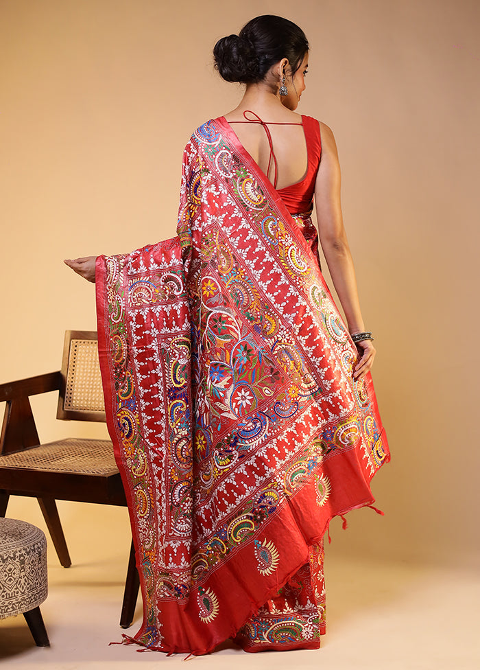 Pink Handloom Kantha Stitch Pure Silk Saree With Blouse Piece
