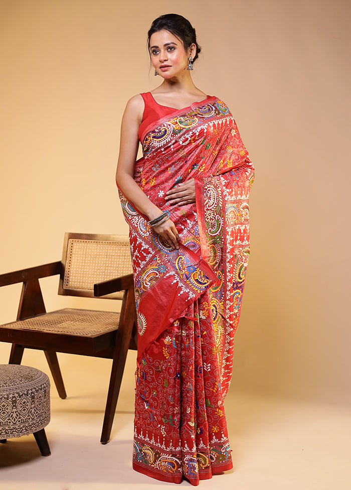 Pink Handloom Kantha Stitch Pure Silk Saree With Blouse Piece