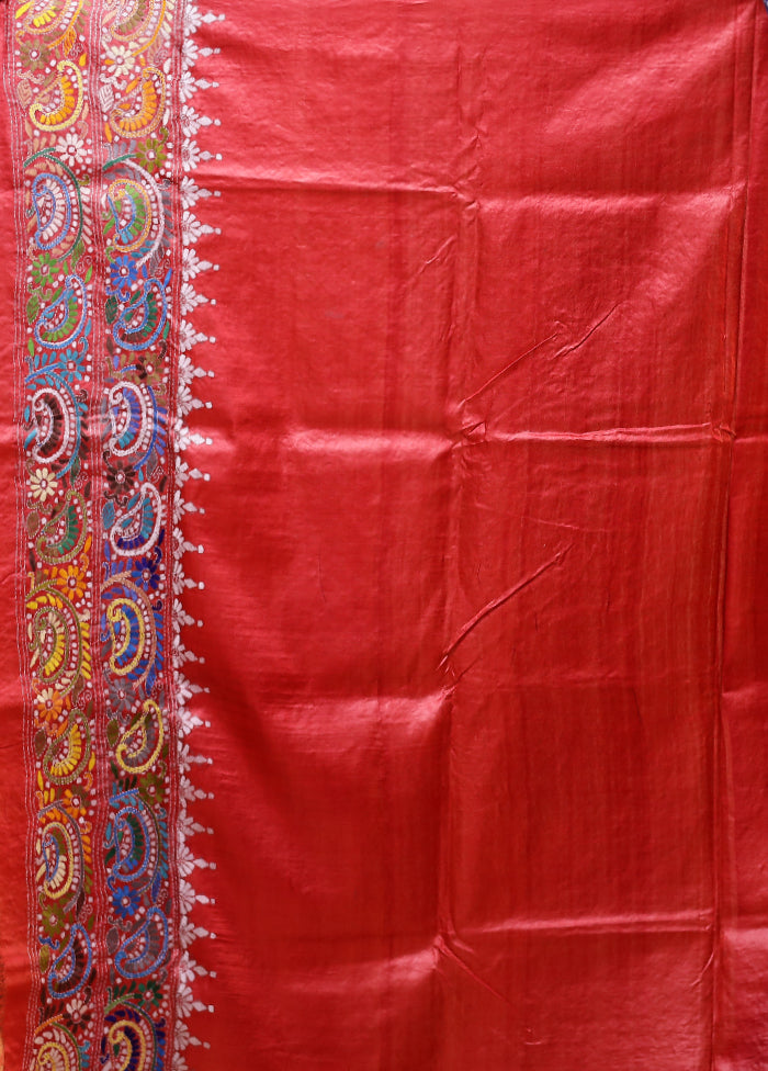 Pink Handloom Kantha Stitch Pure Silk Saree With Blouse Piece