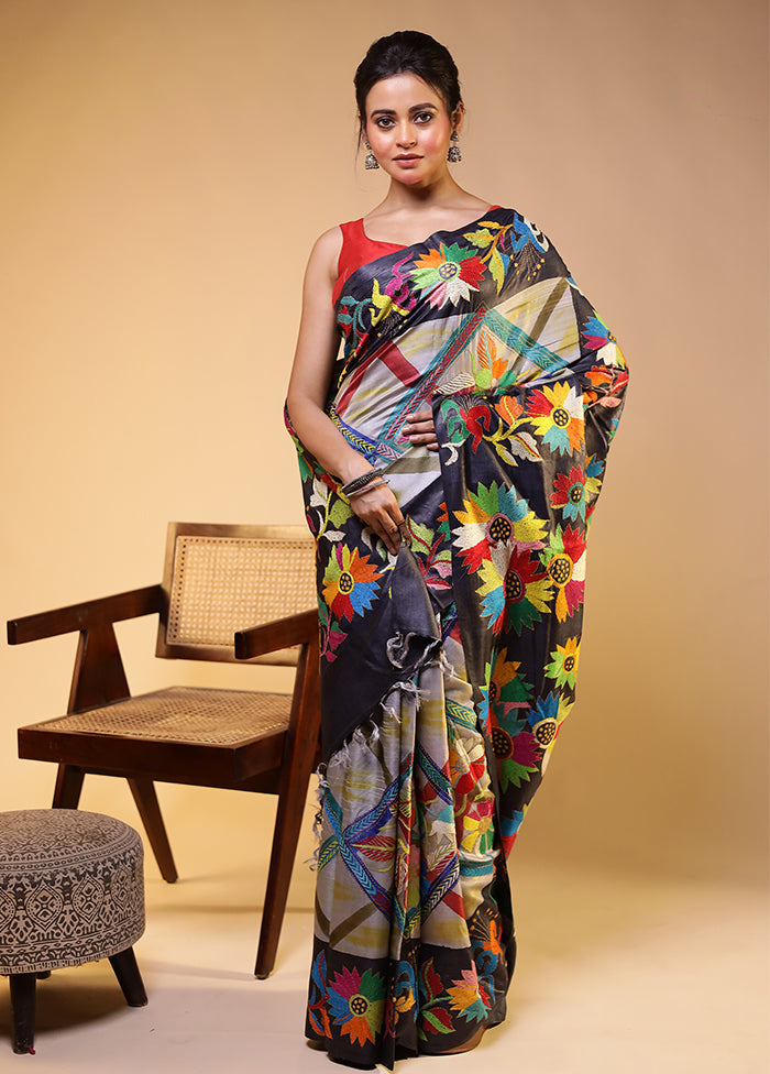 Grey Handloom Kantha Stitch Pure Silk Saree With Blouse Piece
