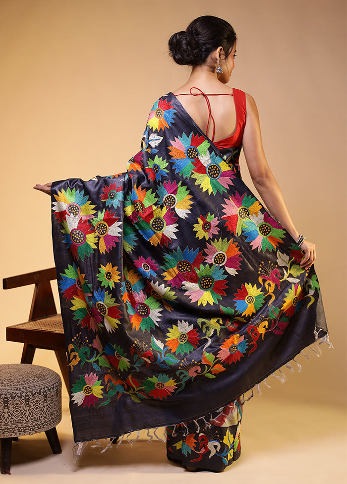 Multicolor Handloom Kantha Stitch Pure Silk Saree With Blouse Piece