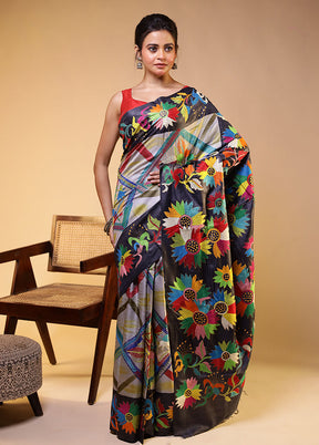Multicolor Handloom Kantha Stitch Pure Silk Saree With Blouse Piece