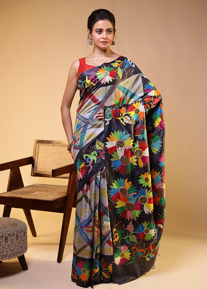 Grey Handloom Kantha Stitch Pure Silk Saree With Blouse Piece