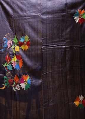 Multicolor Handloom Kantha Stitch Pure Silk Saree With Blouse Piece