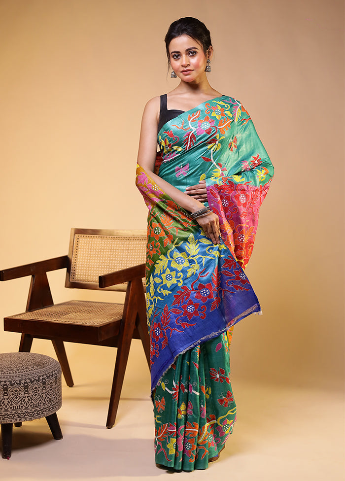 Blue Handloom Kantha Stitch Pure Silk Saree With Blouse Piece