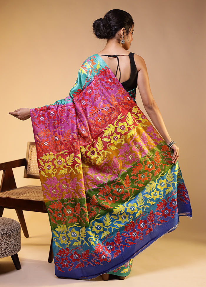 Blue Handloom Kantha Stitch Pure Silk Saree With Blouse Piece