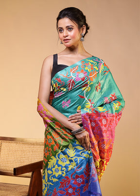 Blue Handloom Kantha Stitch Pure Silk Saree With Blouse Piece