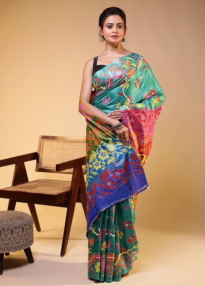Blue Handloom Kantha Stitch Pure Silk Saree With Blouse Piece